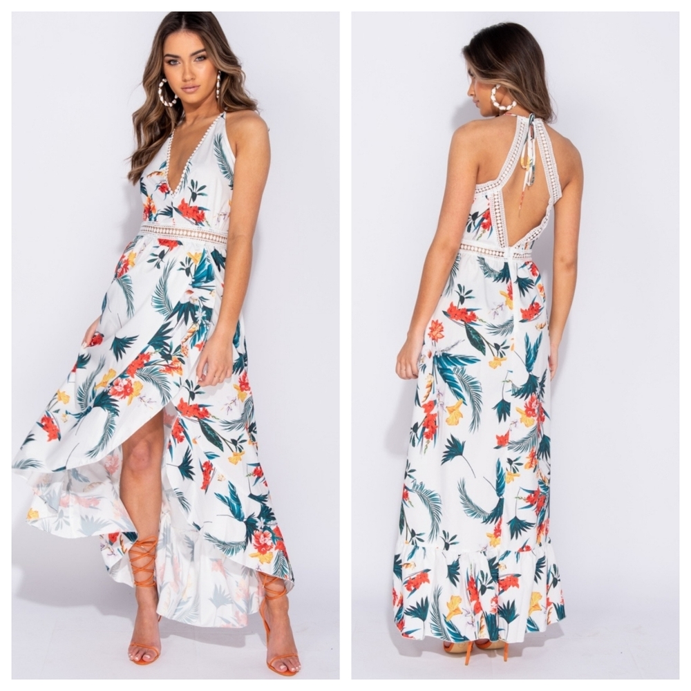 Floral Halter Maxi Dress in White with Tropical Print